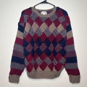 Vintage Hand Made Knit Sweater Bee Heavy Thick Handmade Argyle Pattern Medium